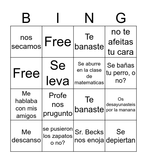 Spanish Reflexive Practice Bingo Card