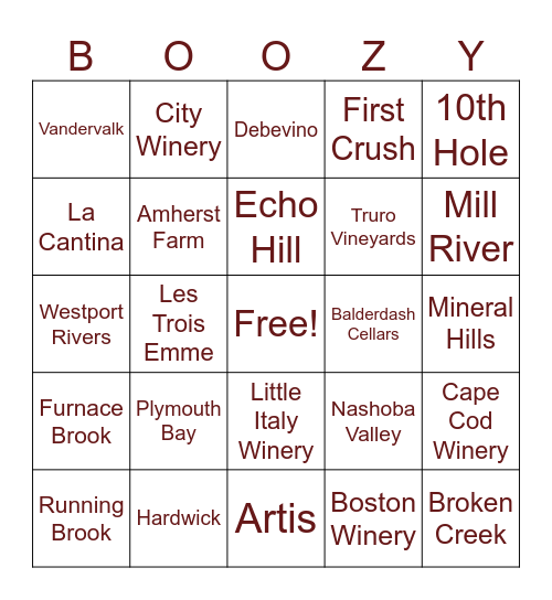 Wineries Bingo Card