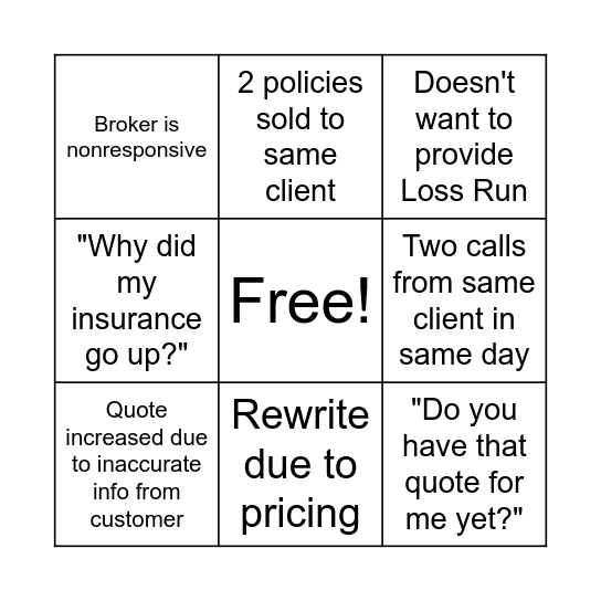 Commercial Lines CSR Bingo Card