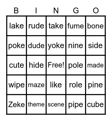 MAGIC E BINGO Card