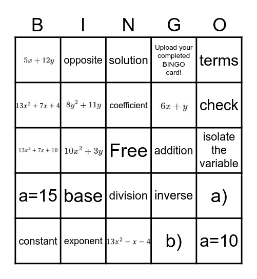 Think & Check: Combining Like Terms & 1-Step Equations Bingo Card