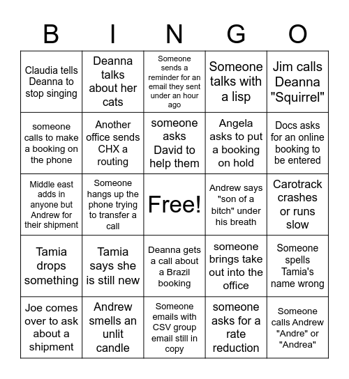 Customer Service Bingo Card