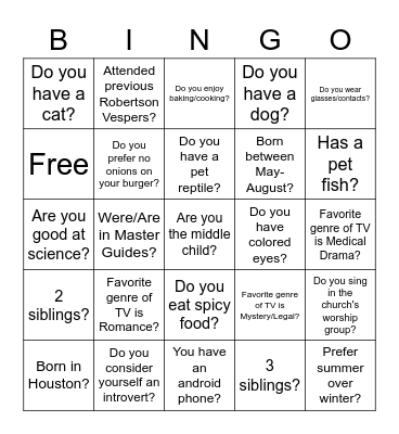 Vespers Bingo Card