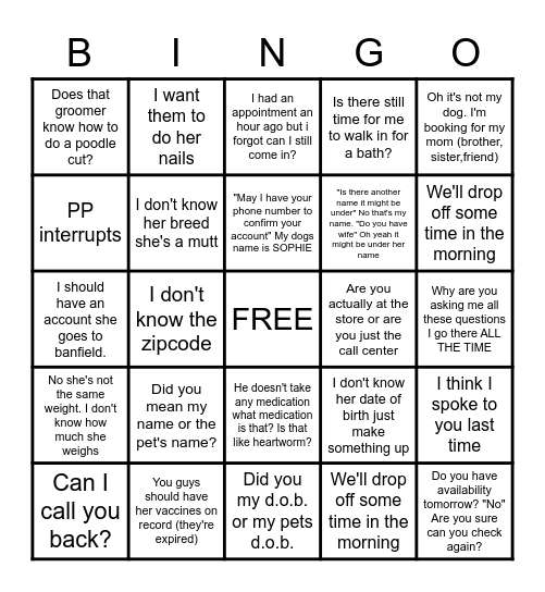 Frustrating Pet Parent Bingo Card