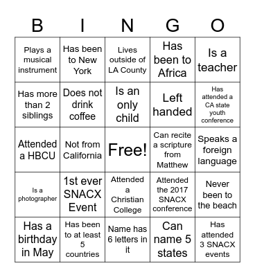 SNACX Ice Breaker Bingo Card