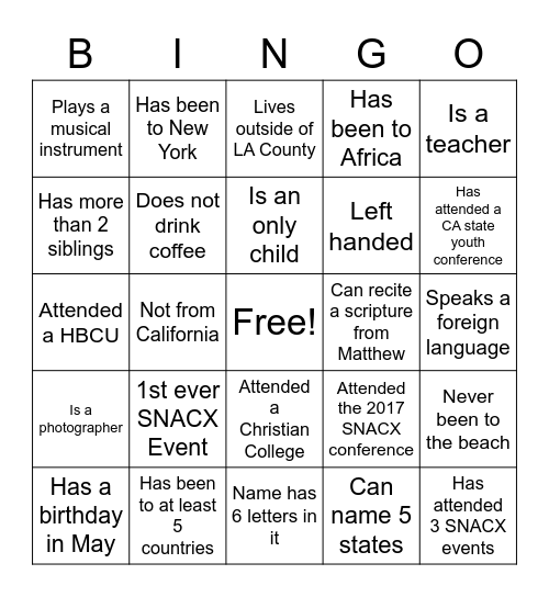 SNACX Ice Breaker Bingo Card