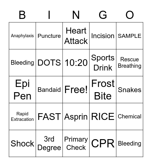 Ellis First Aid Bingo Card