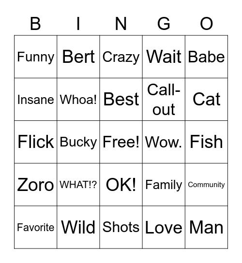 Alvin's Reaction Bingo Card