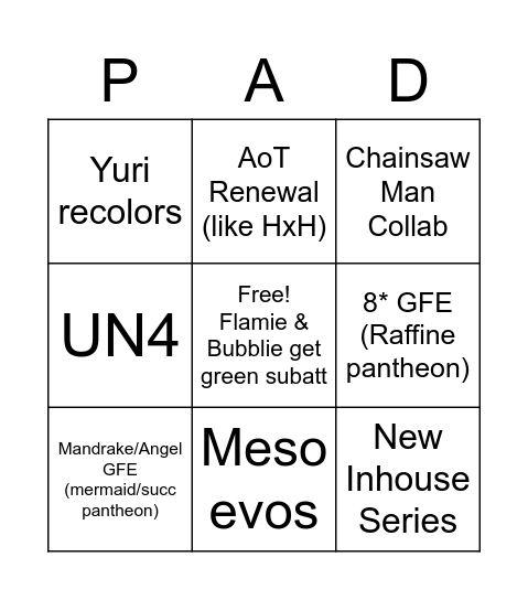 Anni Stream Bingo Card