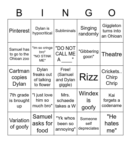 Dylan and Samuel show Bingo Card