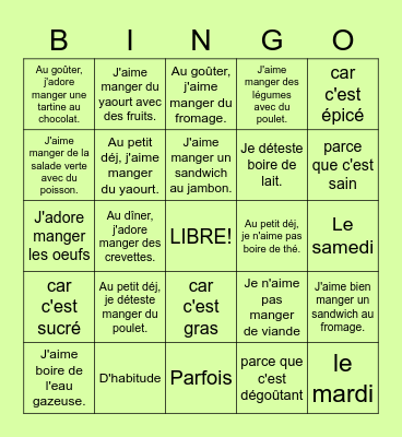 La nourriture - de l'anglais en français Bingo Card