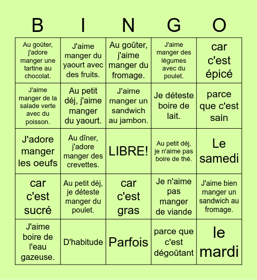 La nourriture - de l'anglais en français Bingo Card