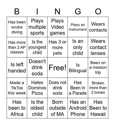 Life Teen Bingo Card