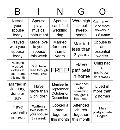 Marriage Ministry Feb 19th, 2023 themed "Little Things" Bingo Card
