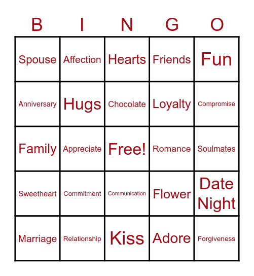 Sweethearts Bingo Card