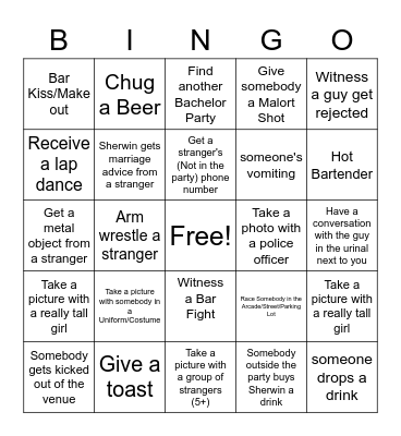 Sherwin's Bachelor Party Bingo Card