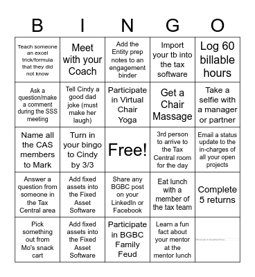 BGBC Bingo - Weeks 7 & 8 Bingo Card