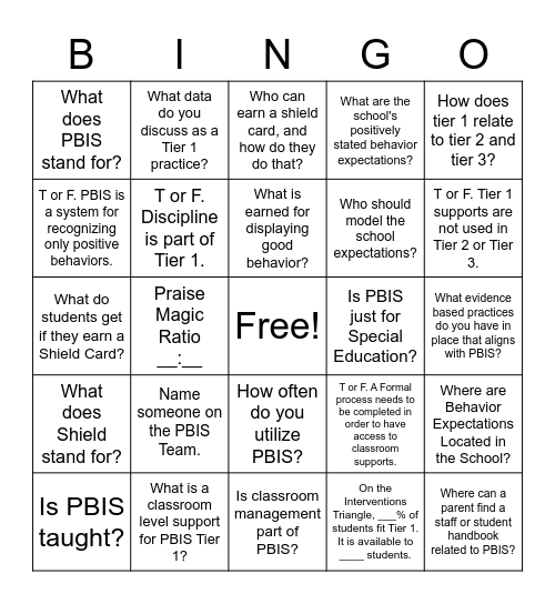 PBIS Tier 1 Bingo Card