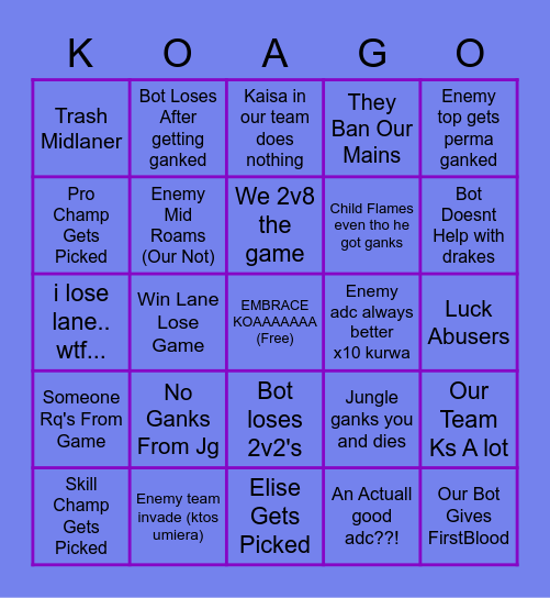 Most normal match of league of legends Bingo Card