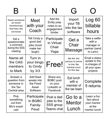 BGBC Bingo - Weeks 7 & 8 Bingo Card
