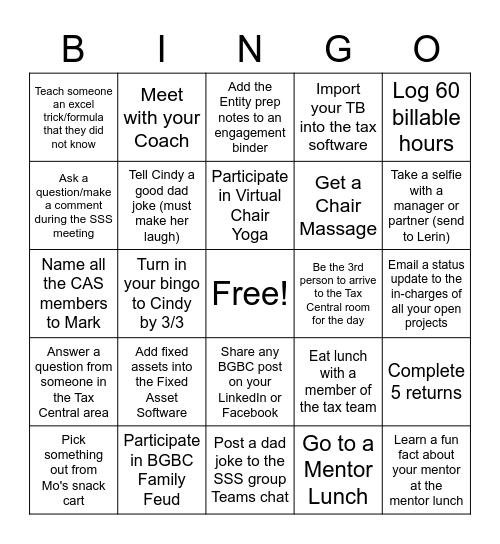BGBC Bingo - Weeks 7 & 8 Bingo Card