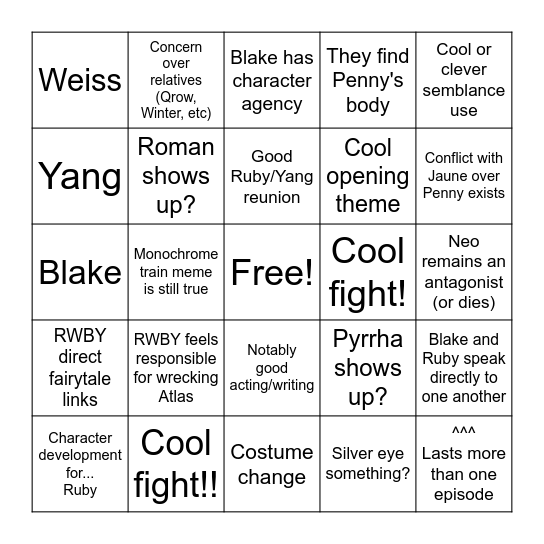 RWBY V9: GOOD card Bingo Card