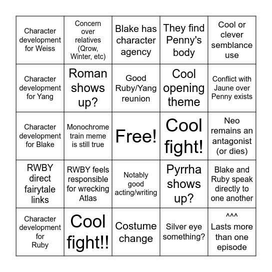 RWBY V9: GOOD card Bingo Card