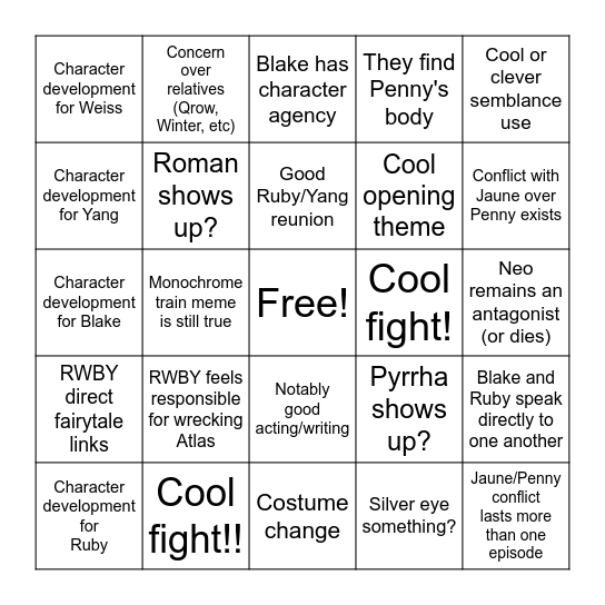 RWBY V9: GOOD card Bingo Card