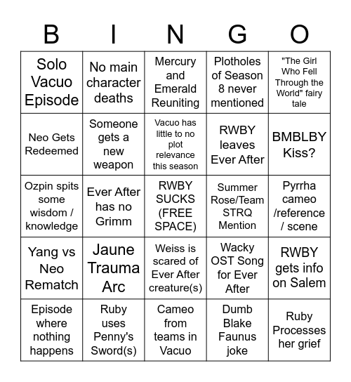RWBY Vol. 9 Bingo Card