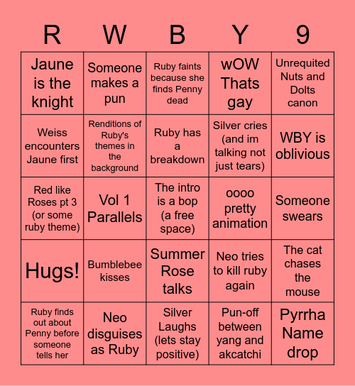 Rwby 9 Prediction Bingo Card