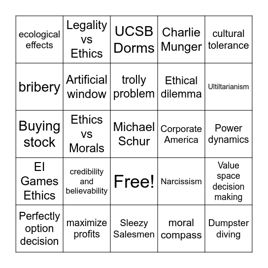 MMS 197 Ethics Bingo Card