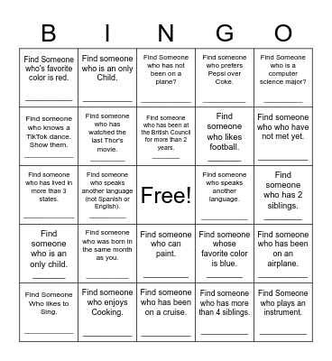 Find Someone Who Bingo Card