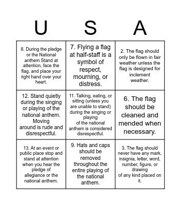 Flag Etiquette BINGO Card