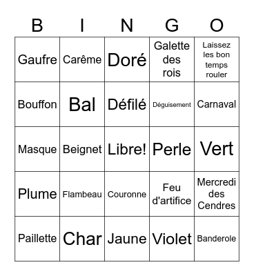 Mardi Gras Vocabulaire Bingo Card