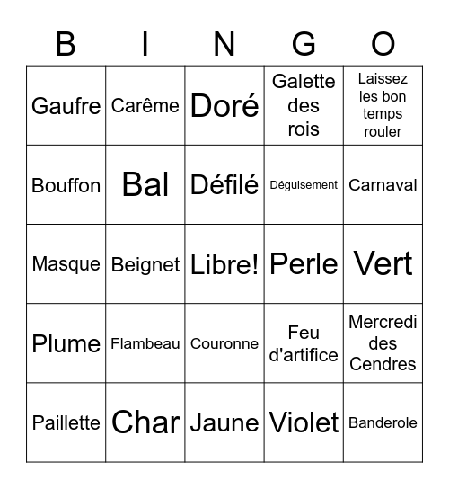 Mardi Gras Vocabulaire Bingo Card