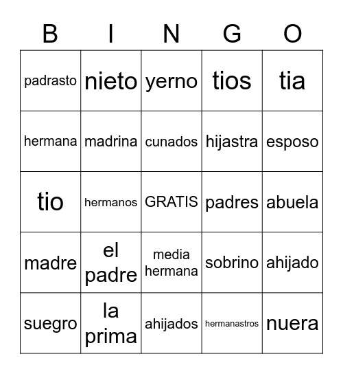 Spanish Family Vocab Bingo Card