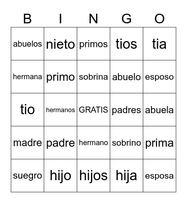 Spanish Family Vocab Bingo Card