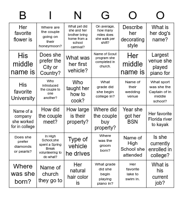 Bridal Bingo Card