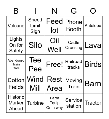 Road Trip Bingo Card