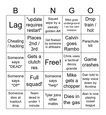 Squad CoD Bingo Card