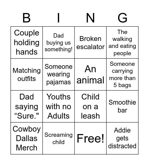 Dora at the Mall Bingo Card