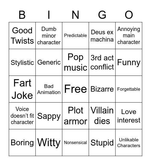 Movie Tropes Bingo Card