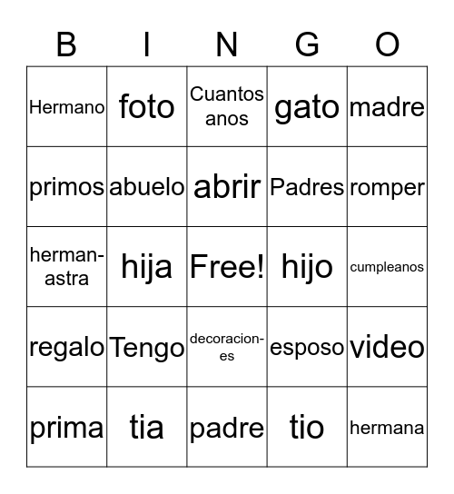 Spanish 1 Bingo Card