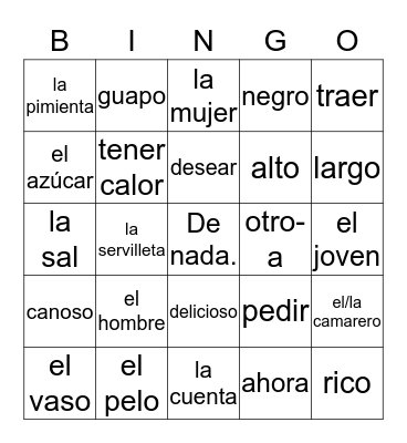 Spanish 1 Bingo Card