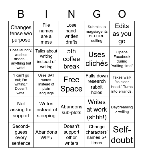 "Bad" Writing Habit Bingo Card