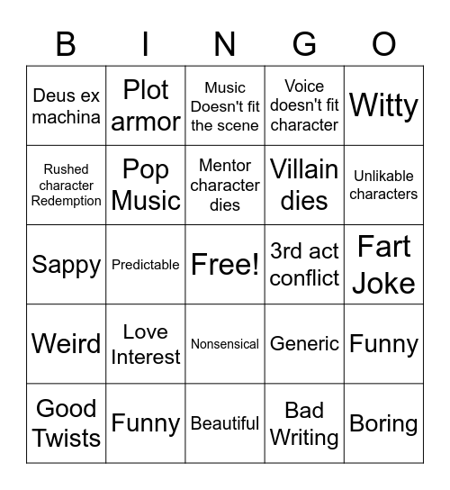 Movie Trope Bingo Card