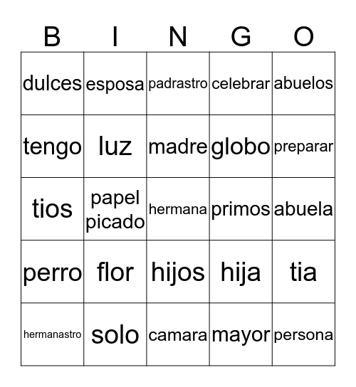 Spanish 1 Bingo Card