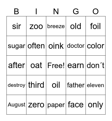 Bingo Review 8-11 sounds Bingo Card