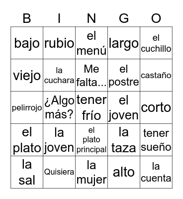Spanish 1 Bingo Card