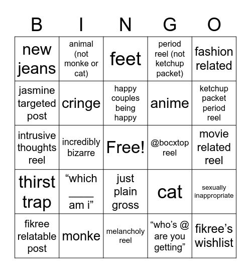 reels that fikree may send me Bingo Card